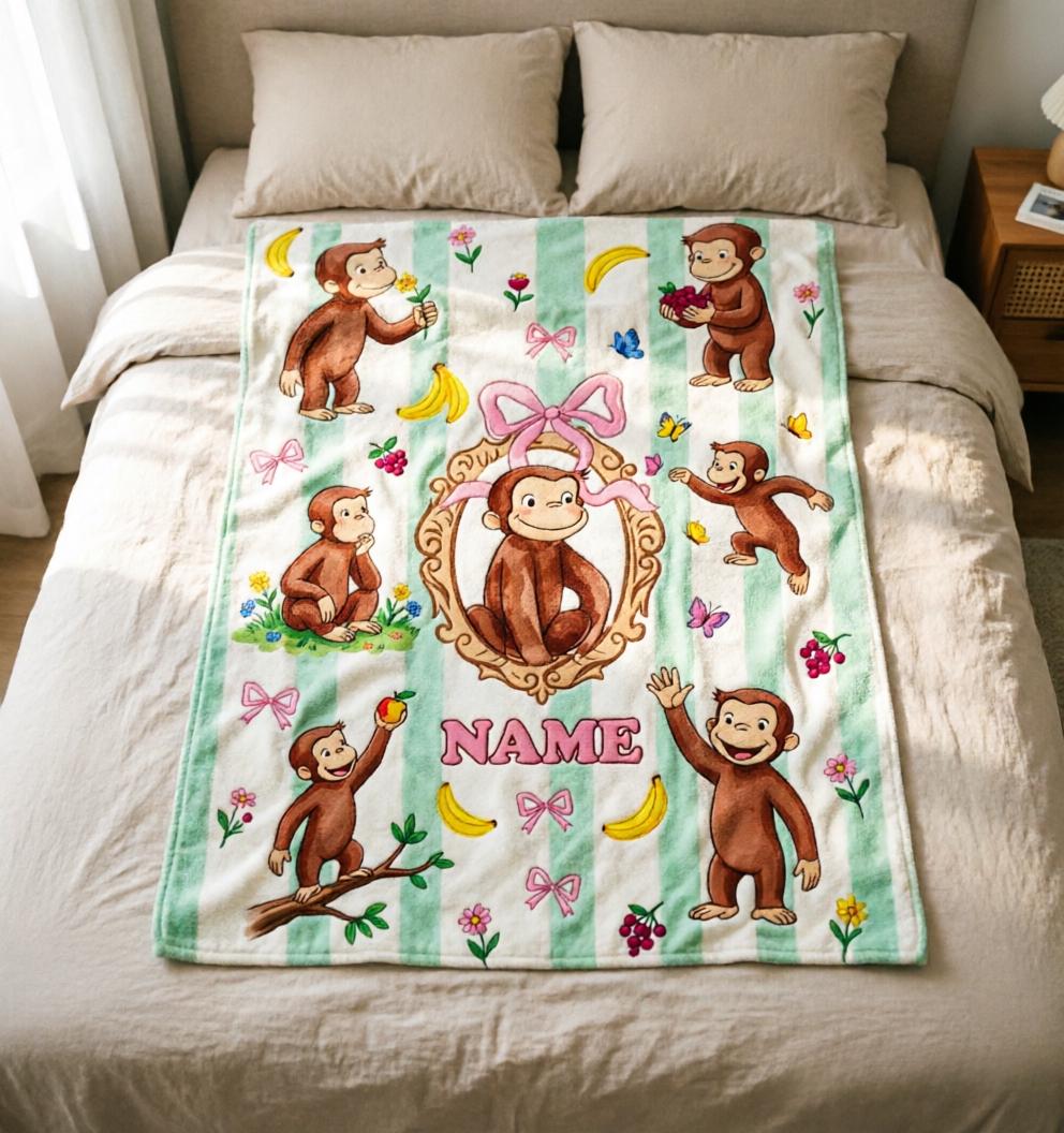 Custom Name Curious George Blanket Soft Throw, Sweet Monkey Nursery Kid Keepsake Gift