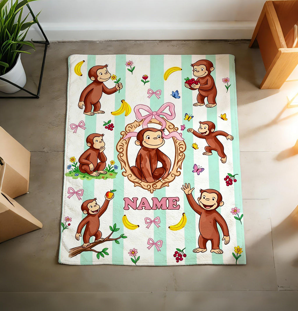 Custom Name Curious George Blanket Soft Throw, Sweet Monkey Nursery Kid Keepsake Gift