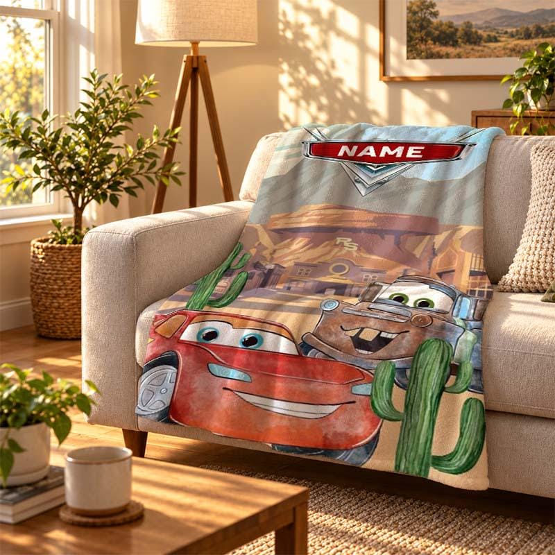 Personalized Cars Blanket, Lightning McQueen & Mater, Custom Name Fleece Throw (Kids Gift)