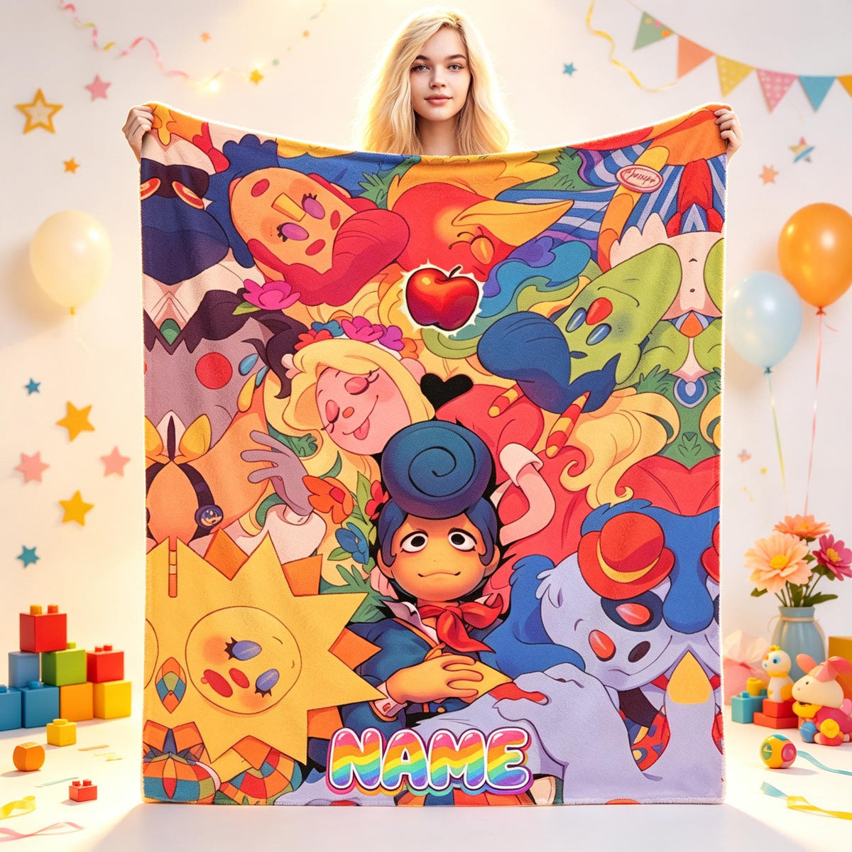 Personalized Colorful Cartoon Blanket, Custom Name Flannel Throw, Retro Puppet Style Blanket, Cute Character Gift for Teens