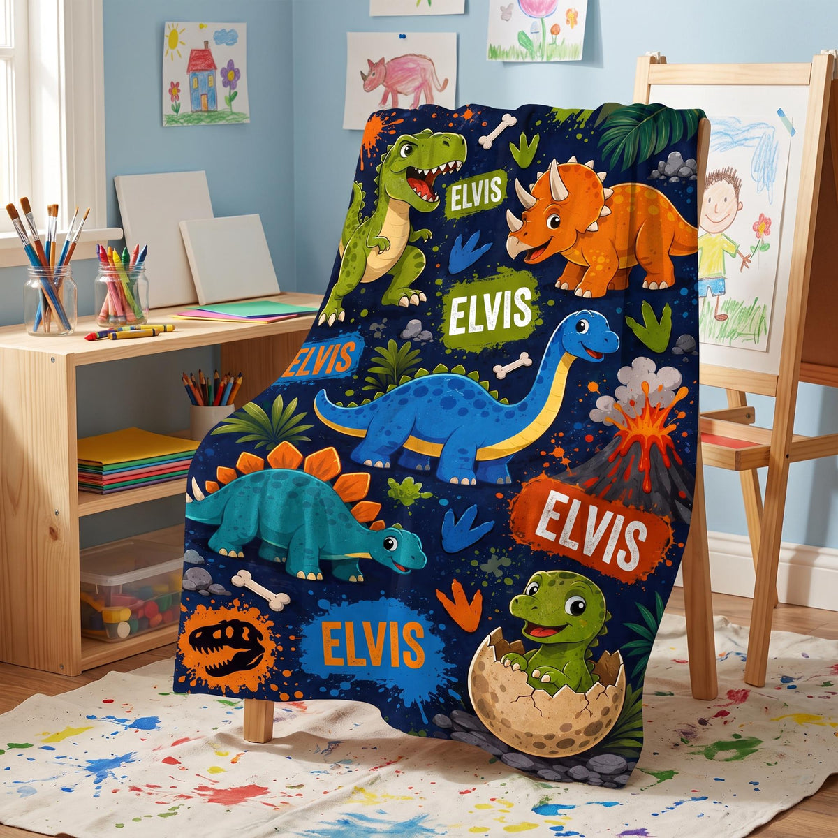 Personalized Dinosaur Blanket for Boys, Custom Name Dino Baby Blanket, T-Rex Toddler Gift, Kids Dinosaur Bedding, Baby Shower Gift