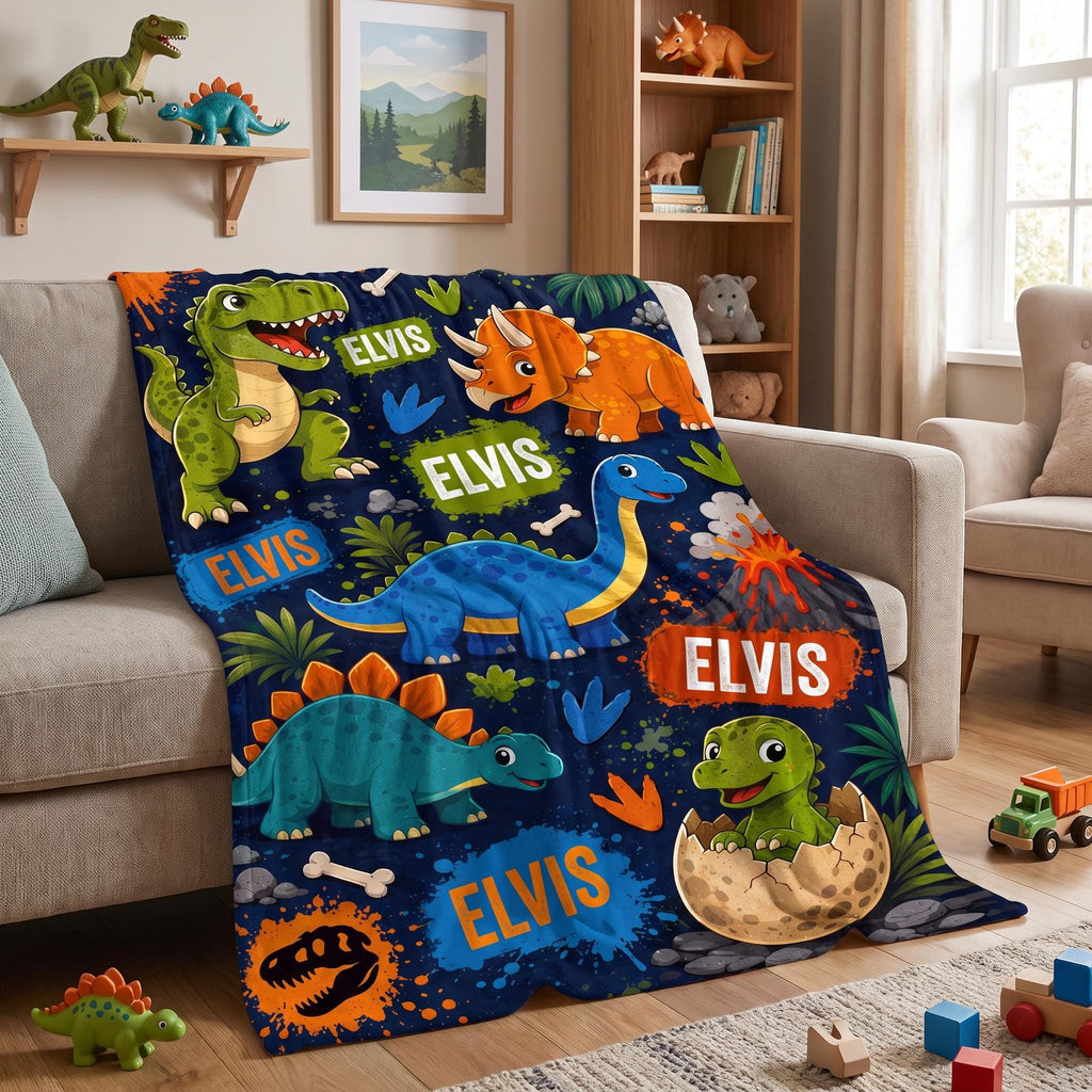 Personalized Dinosaur Blanket for Boys, Custom Name Dino Baby Blanket, T-Rex Toddler Gift, Kids Dinosaur Bedding, Baby Shower Gift