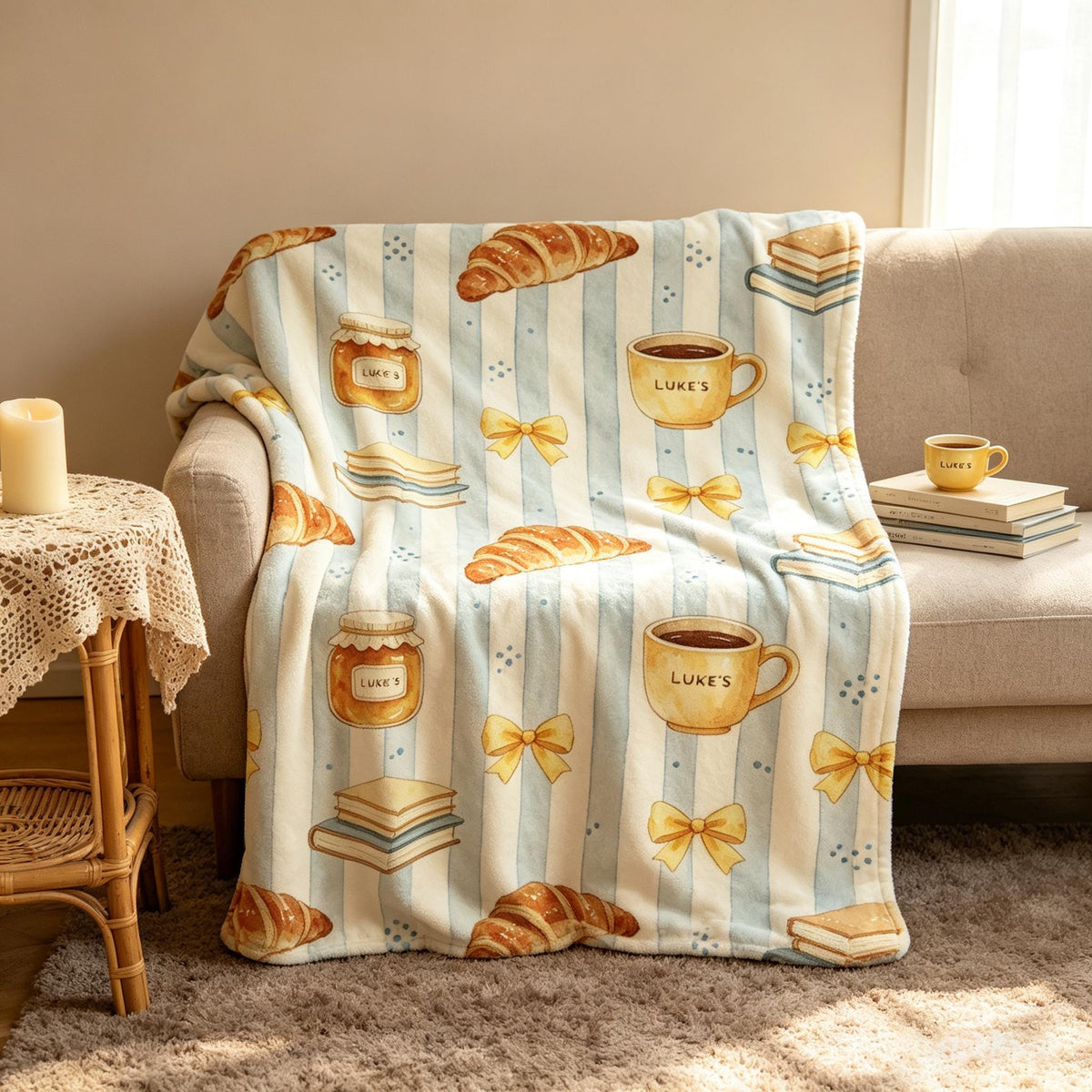 Luke's Diner Blanket, Croissant Coffee Blanket, Blue Stripe Decor, Cozy Reading Blanket, Gift for Gilmore Girls Lover