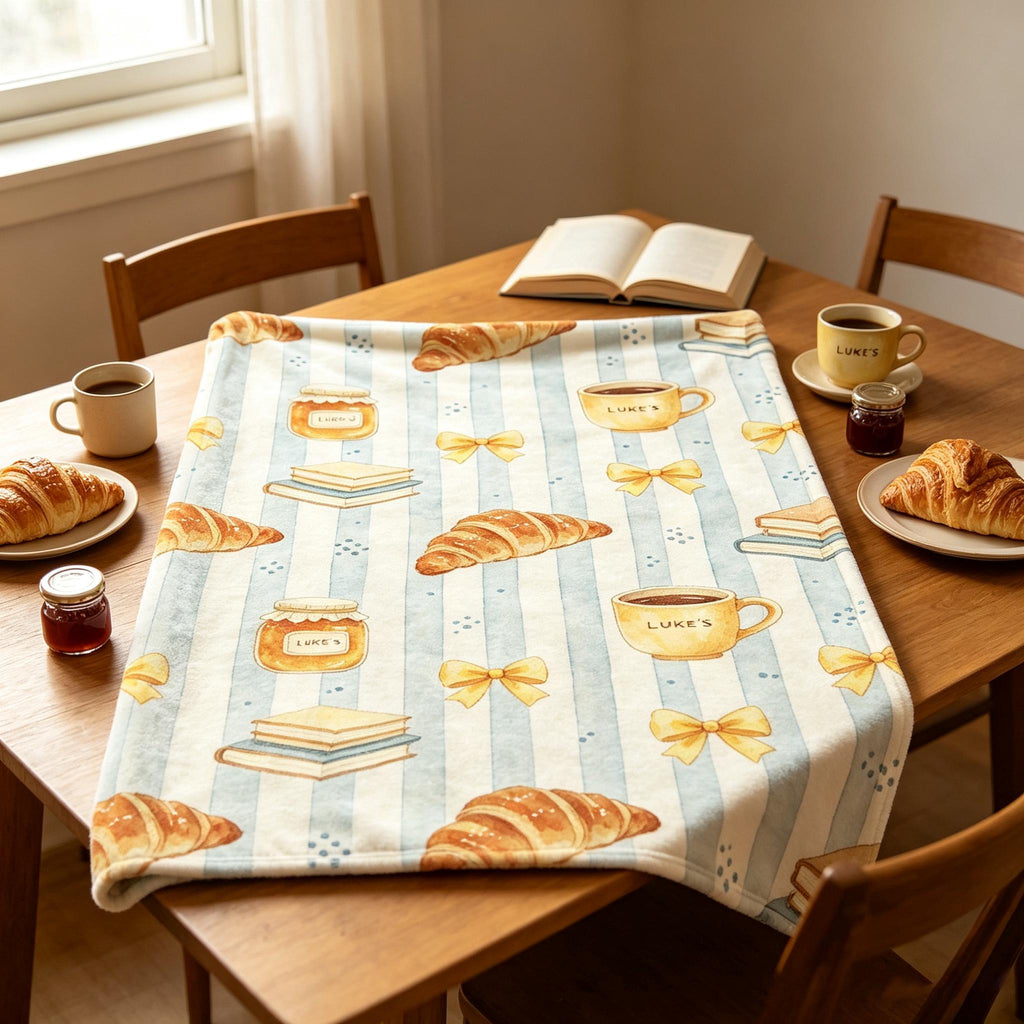 Luke's Diner Blanket, Croissant Coffee Blanket, Blue Stripe Decor, Cozy Reading Blanket, Gift for Gilmore Girls Lover