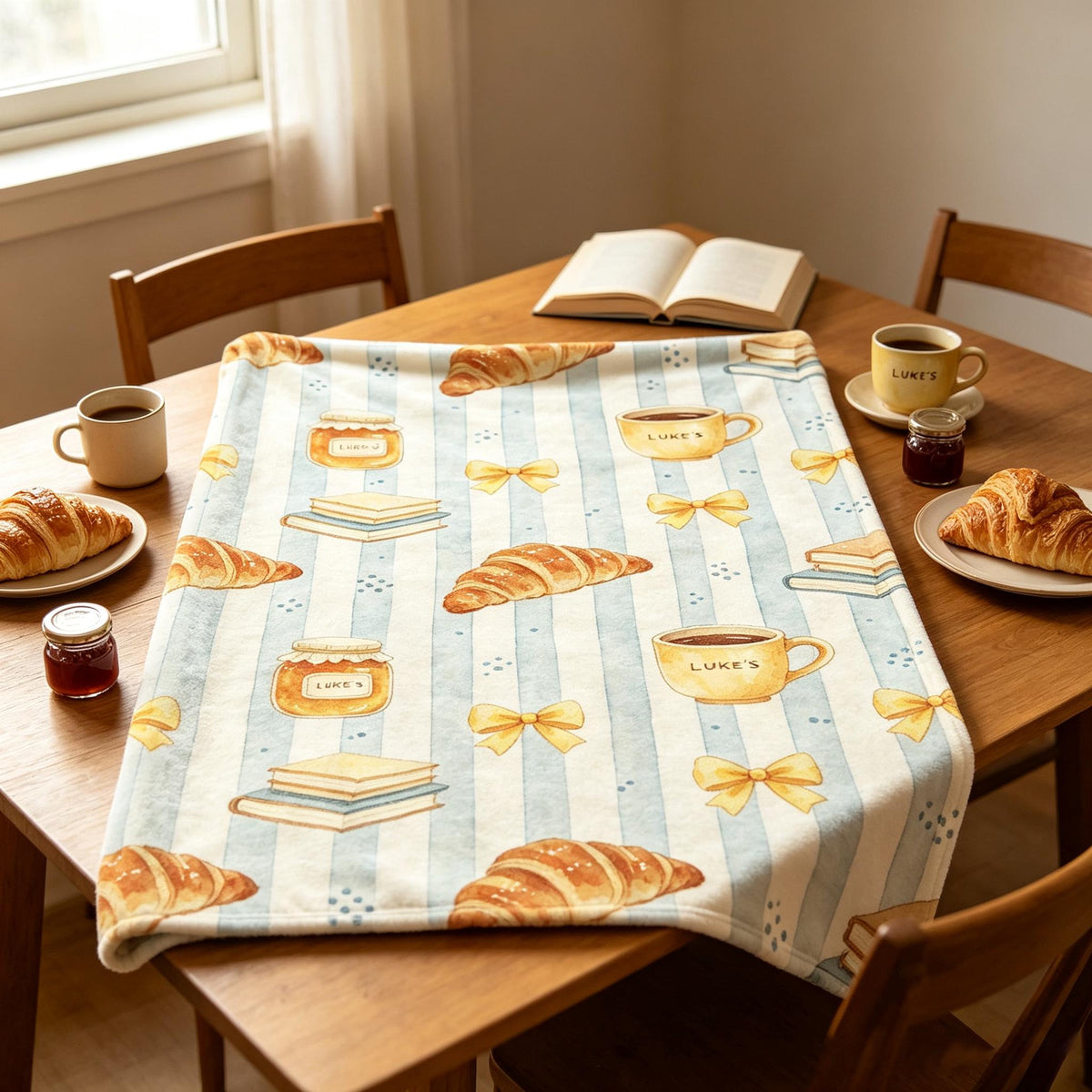 Luke's Diner Blanket, Croissant Coffee Blanket, Blue Stripe Decor, Cozy Reading Blanket, Gift for Gilmore Girls Lover
