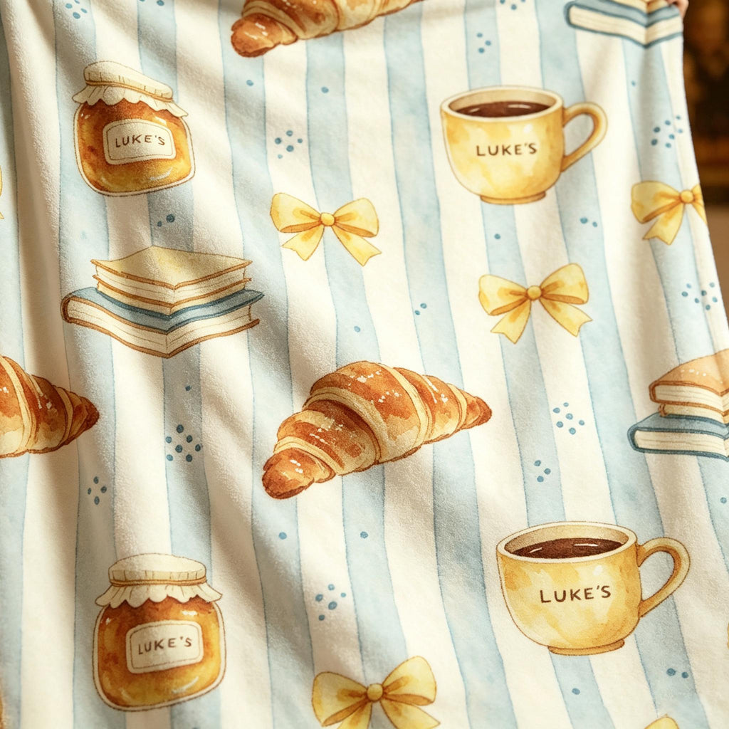 Luke's Diner Blanket, Croissant Coffee Blanket, Blue Stripe Decor, Cozy Reading Blanket, Gift for Gilmore Girls Lover