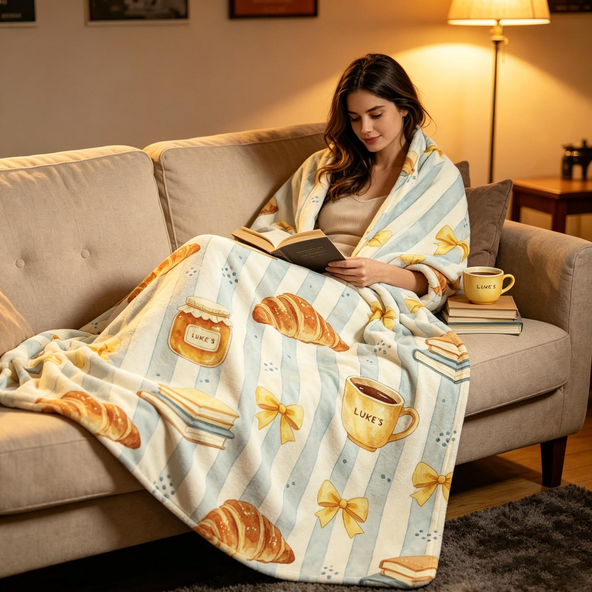Luke's Diner Blanket, Croissant Coffee Blanket, Blue Stripe Decor, Cozy Reading Blanket, Gift for Gilmore Girls Lover