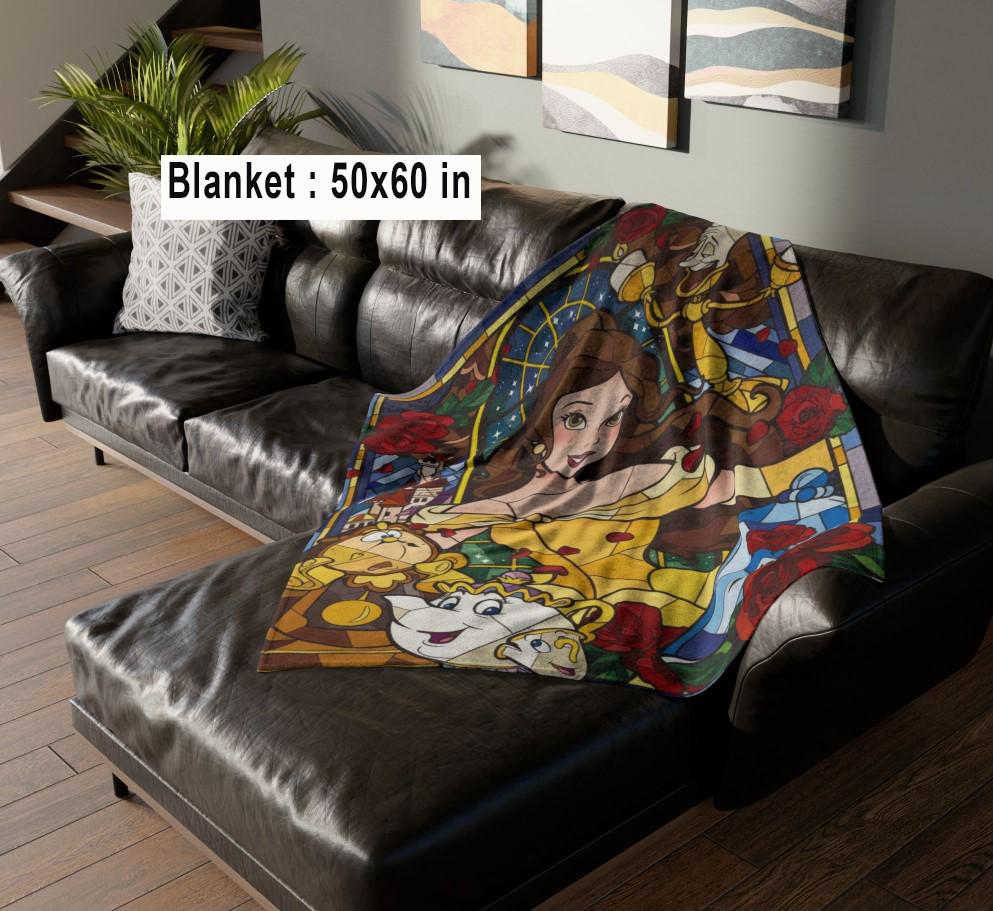 Disneyland Princess Stained Glass Fleece Blanket, Fairy Tale Nursery Decor, Beauty Princess &Beast Christmas Blanket, Princess Girl Gift