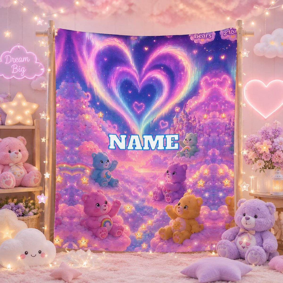 Personalized Rainbow Bear Flannel Blanket, Custom Name Pastel Cloud Throw, Soft Cozy Kids Blanket, Cute Bedroom Birthday Gift