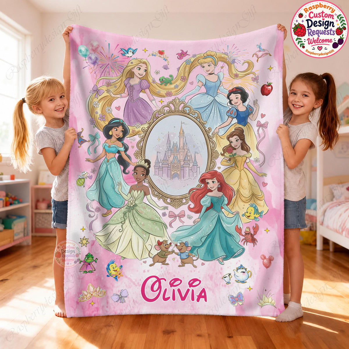 Personalized Castle Disney Princess Throw Blanket,Magical Birthday or Christmas Gift Home Decor,Custom Name Baby Girl Blanket, Nursery Decor