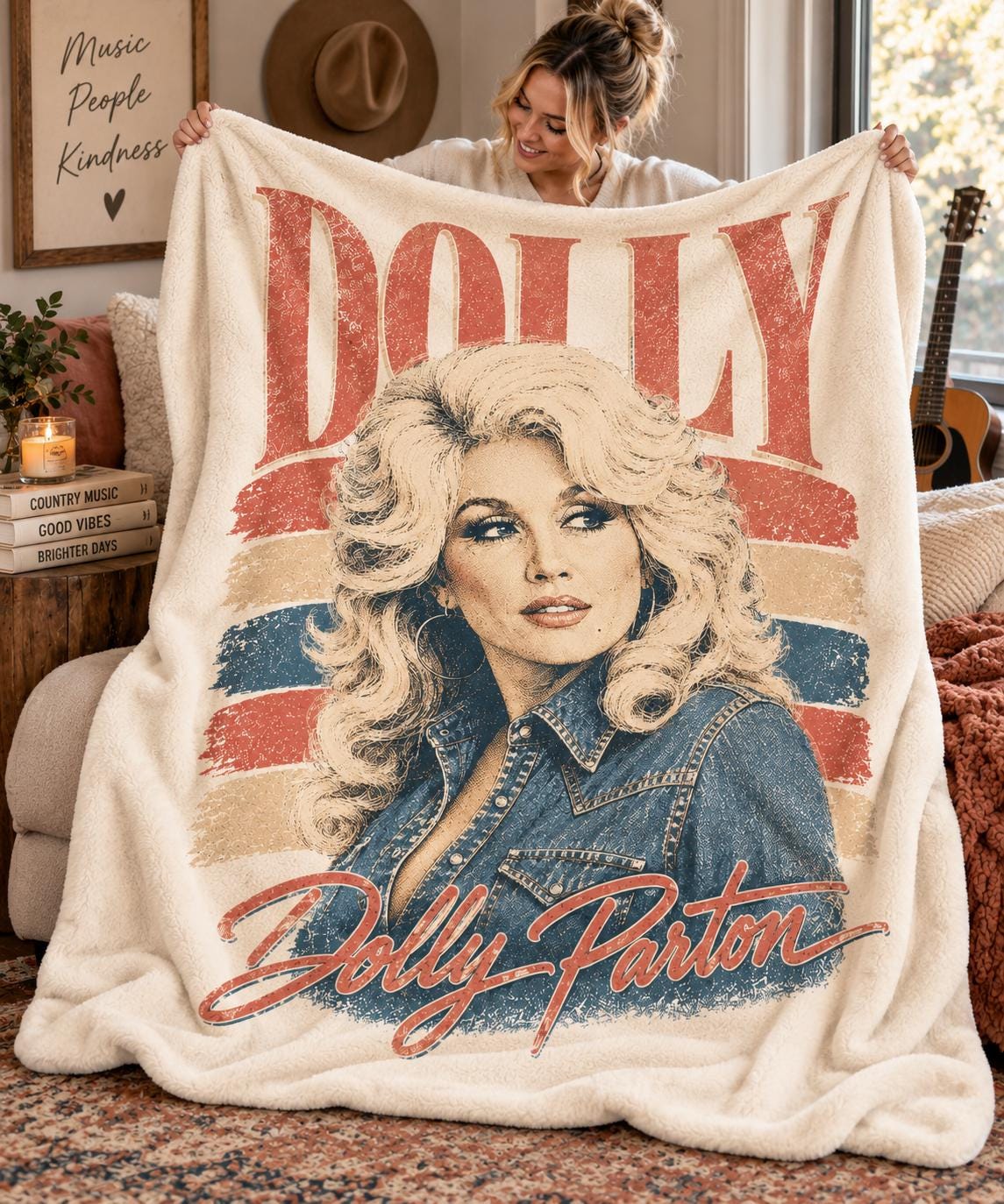 Dolly Parton Fleece Minky Sherpa Woven Blanket, Personalized Gift, Cozy Throw