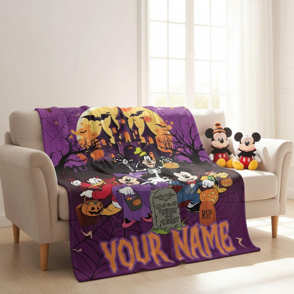 Personalized Mickey & Friends Halloween Blanket, Custom Name Disney Fleece Blanket, Spooky Cartoon Trick or Treat Blanket, Halloween Gift