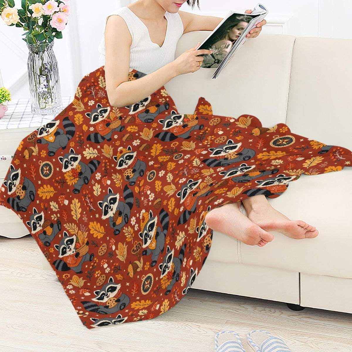 Fall Raccoon Blanket, Cute Autumn Forest Animal Throw, Cozy Fleece Blanket, Thanksgiving Cabin Decor, Gift for Her