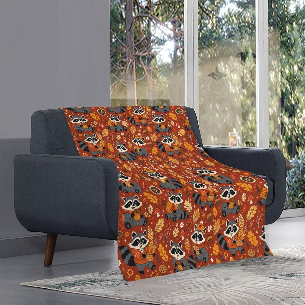 Fall Raccoon Blanket, Cute Autumn Forest Animal Throw, Cozy Fleece Blanket, Thanksgiving Cabin Decor, Gift for Her