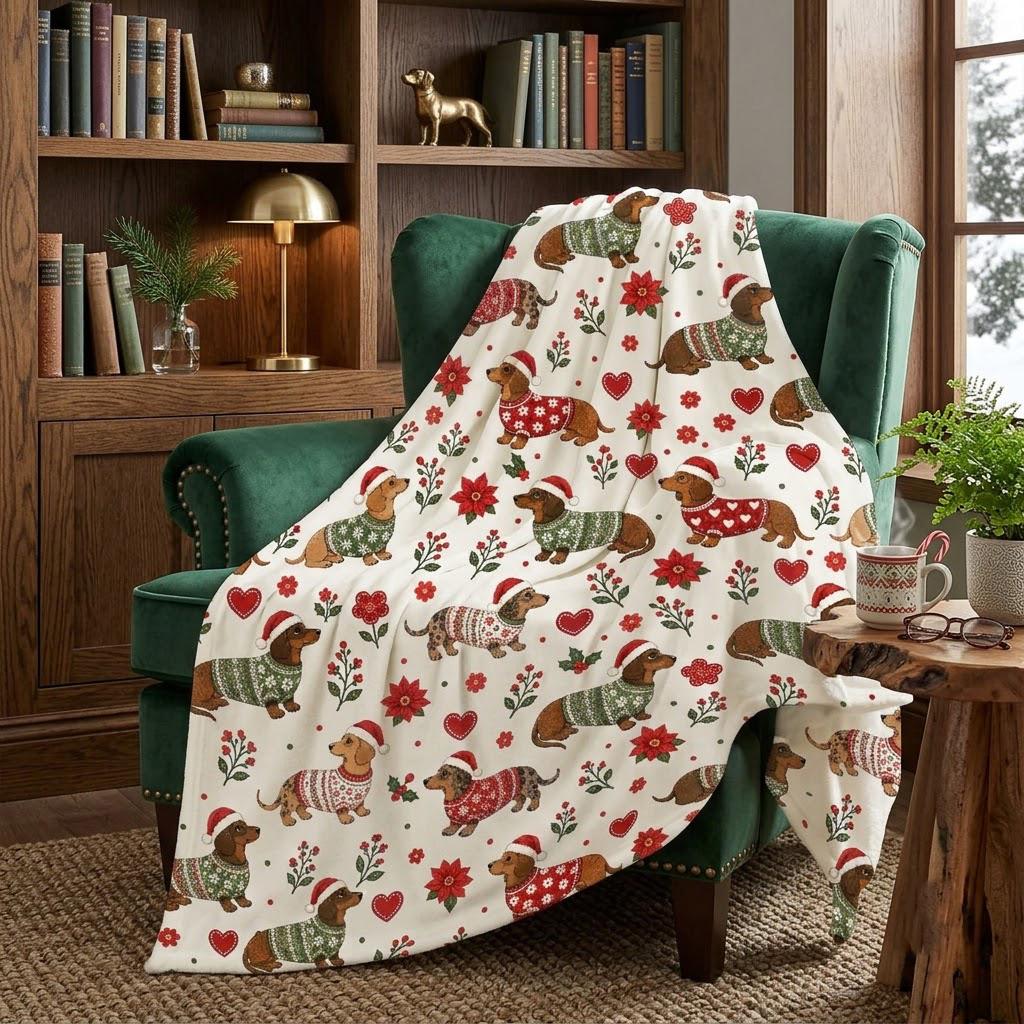 Christmas Dachshund Blanket, Cute Wiener Dog Holiday Throw, Soft Fleece Xmas Blanket, Cozy Christmas Gift for Dog Lover
