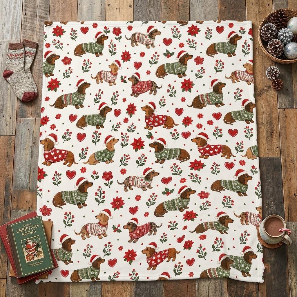 Christmas Dachshund Blanket, Cute Wiener Dog Holiday Throw, Soft Fleece Xmas Blanket, Cozy Christmas Gift for Dog Lover
