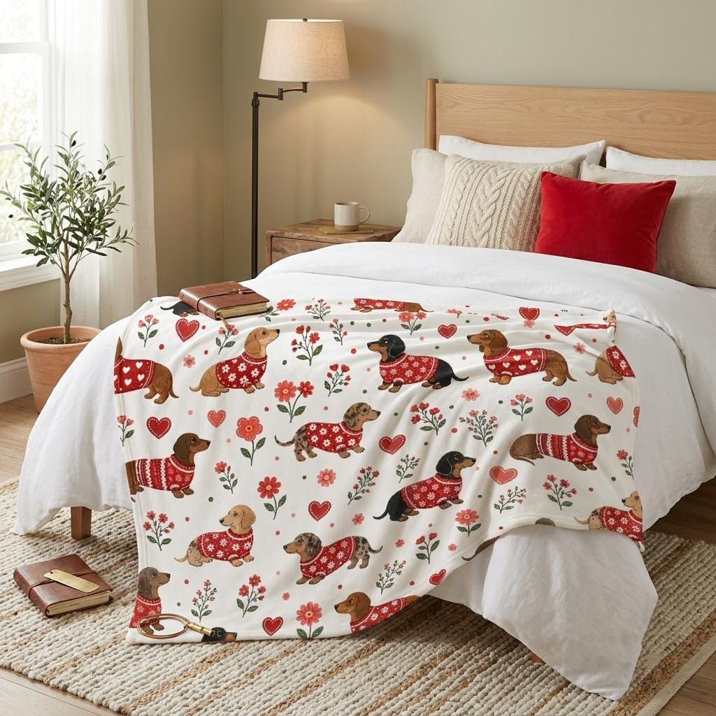 Dachshund Heart Blanket, Valentine Wiener Dog Throw, Red Heart Fleece Blanket, Cozy Dog Lover Gift, Anniversary Gift
