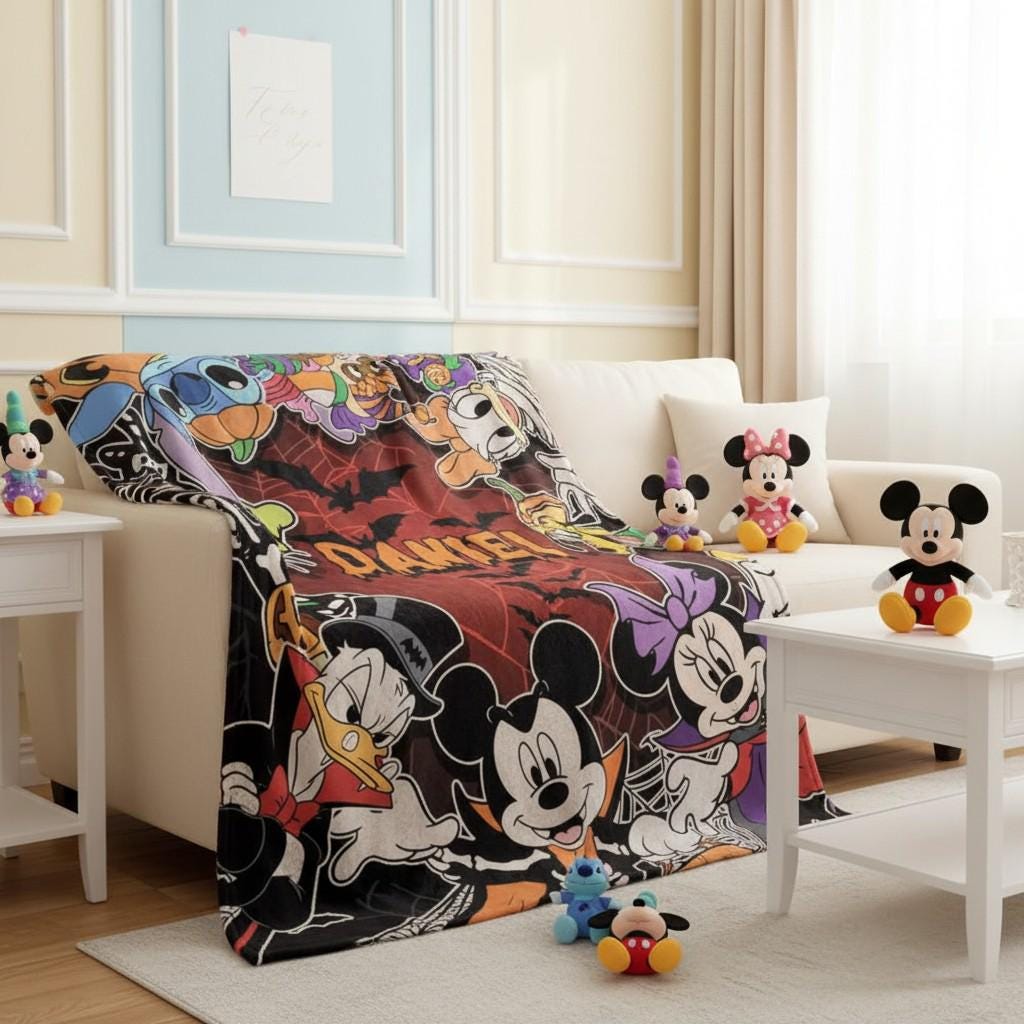 Personalized Mickey & Friends Stitch Halloween Party Blanket, Custom Name Disney Spooky Ghost Castle Blanket, Trick or Treat Halloween Gift