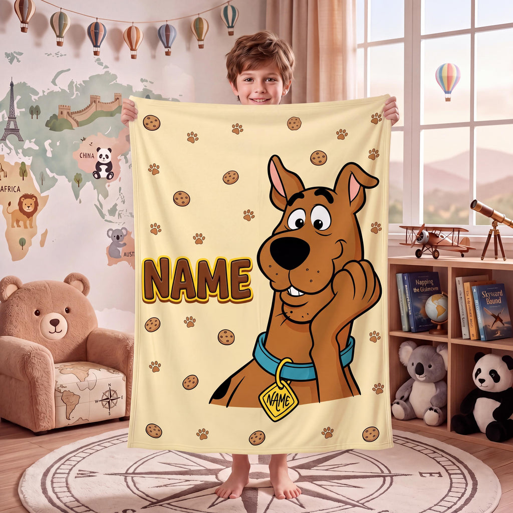 Personalized Cute Dog Blanket, Custom Name Cartoon Throw, Nursery Bedroom Kids Bedding, Birthday Gift for Son Daughter, Soft Fleece Blanket