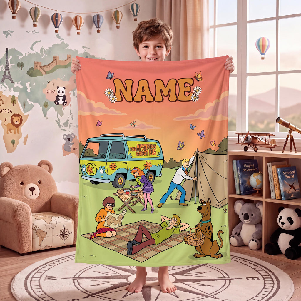 Personalized Camping Van Blanket, Custom Dog Throw, Camper Bedding Decor, Birthday Gift for Kids Son Daughter, Cozy Travel Fleece Blanket