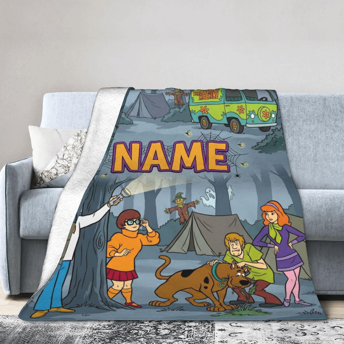 Personalized Camp Blanket, Custom Dog Throw, Spooky Forest Kids Bedding, Cozy Room Decor, Birthday Gift for Son Daughter, Fall Fleece Throw