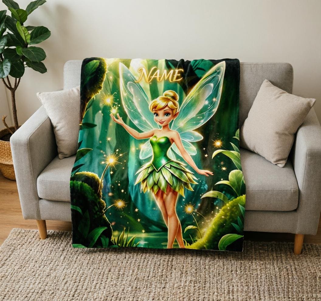 Custom Name Fairy Tinker Bell Blanket Soft Throw, Magical Keepsake Present for Kids