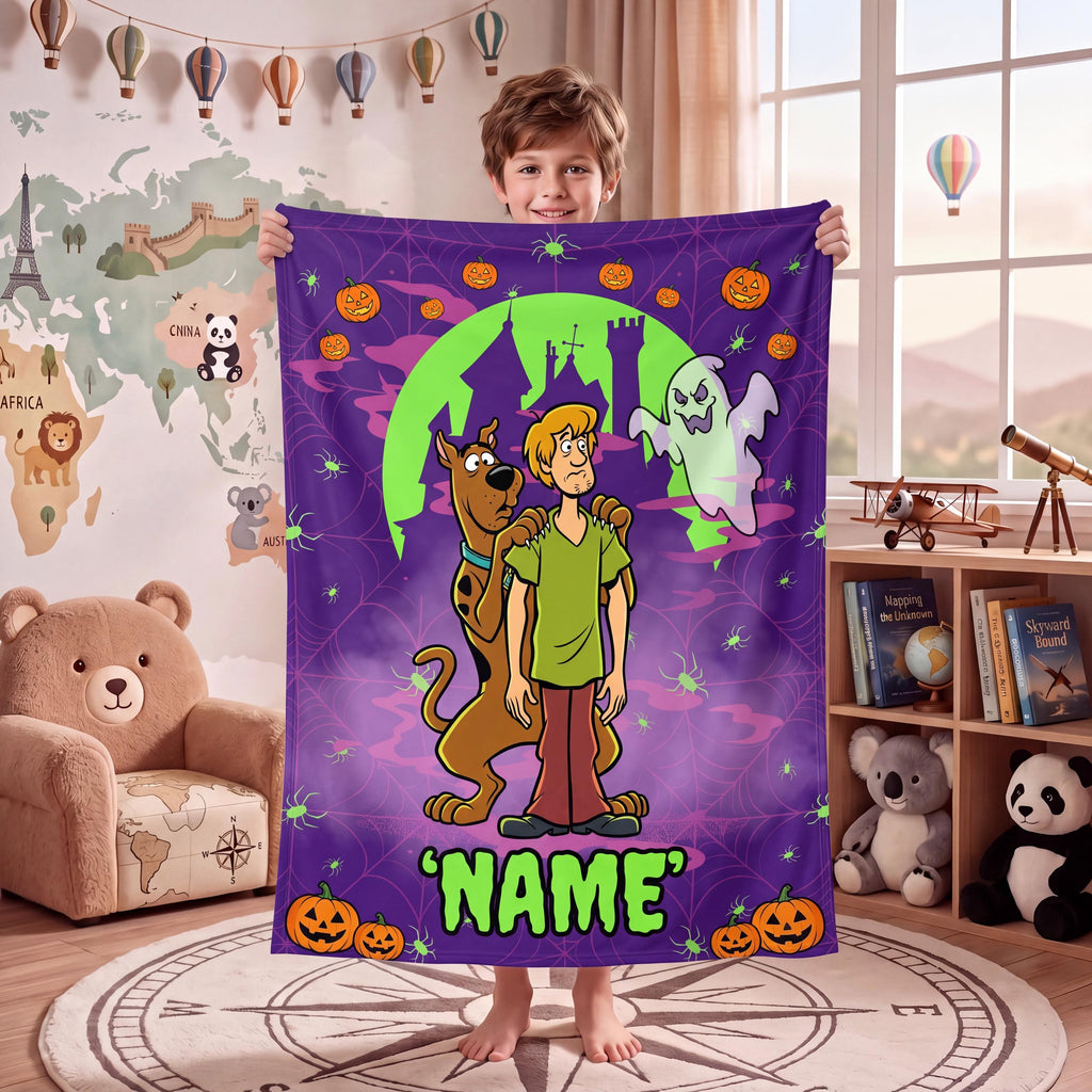 Personalized Halloween Mystery Blanket, Custom Dog Throw, Spooky Cartoon Room Decor, Cozy Birthday Gift for Kids Son, Fall Fleece Bedding