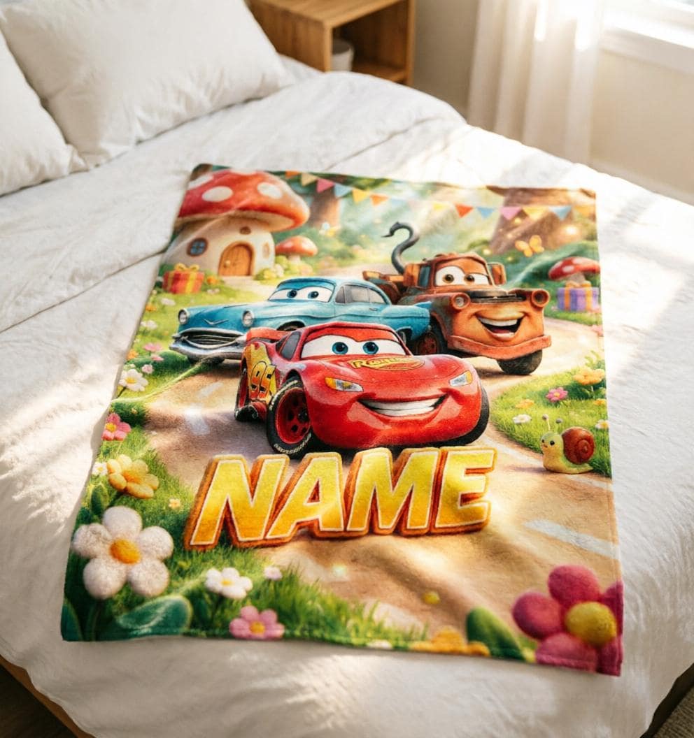 Custom Name Cars Movie Blanket Soft Throw, Lightning McQueen Toddler Fan Keepsake Gift