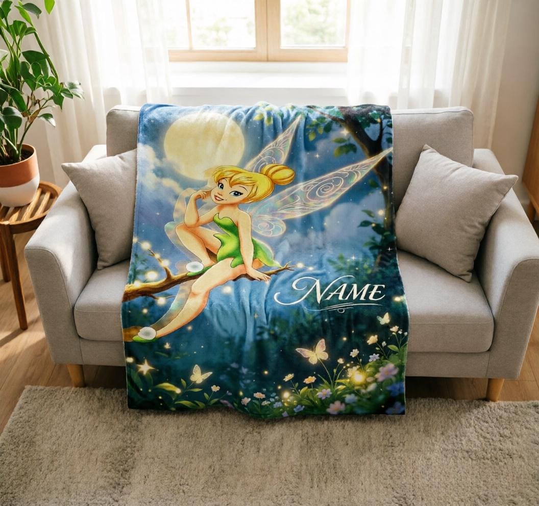 Custom Name Tinker Bell Moon Scene Plush Throw Blanket for Girls