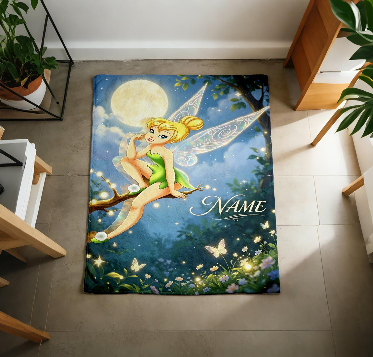 Custom Name Tinker Bell Moon Scene Plush Throw Blanket for Girls
