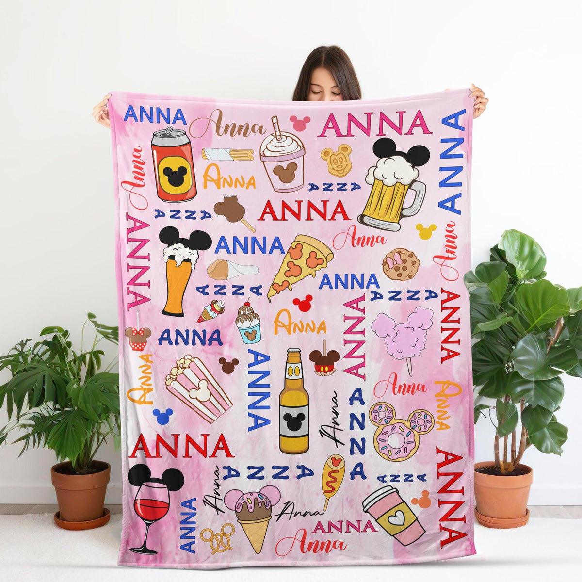 Custom Name Disney Snack Blanket, Personalized Disney Drink Wine Throw Epcot Food Festival Blanket,Disney Vacation Gift Magical Cozy Blanket
