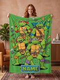Personalized Sewer Ninja Brothers Flannel Blanket, Custom Green Hero Team Throw, Retro Pizza Comic Bedding, Action Gift for Kids Boys