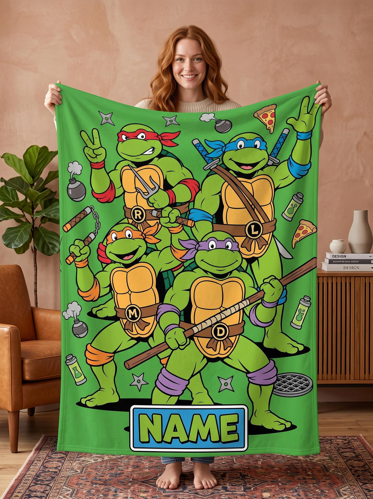 Personalized Sewer Ninja Brothers Flannel Blanket, Custom Green Hero Team Throw, Retro Pizza Comic Bedding, Action Gift for Kids Boys