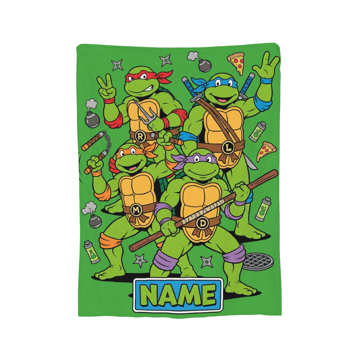 Personalized Sewer Ninja Brothers Flannel Blanket, Custom Green Hero Team Throw, Retro Pizza Comic Bedding, Action Gift for Kids Boys