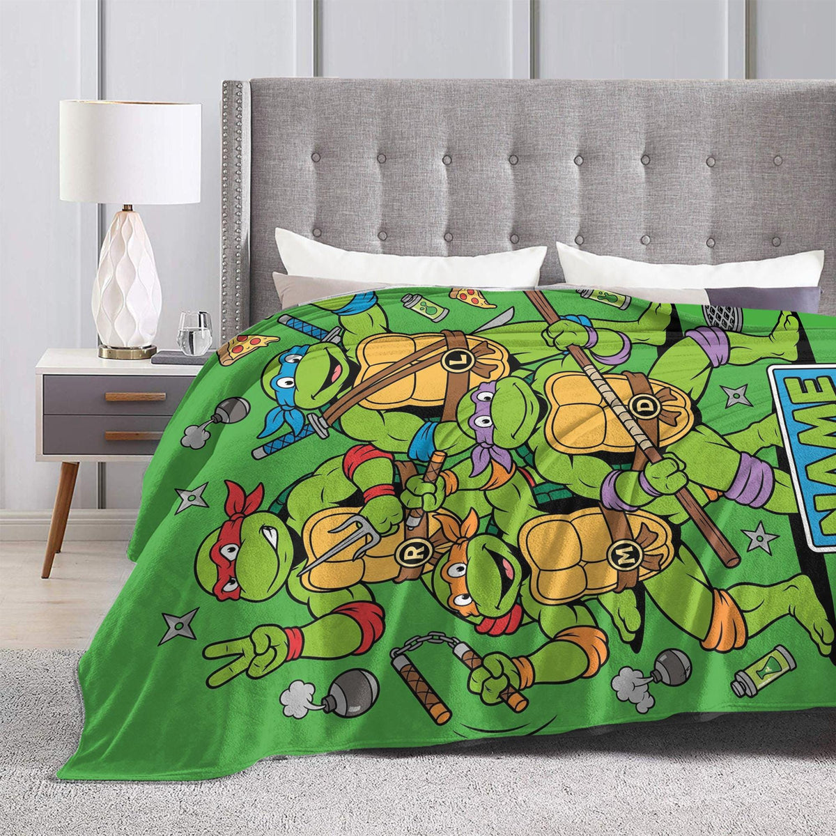 Personalized Sewer Ninja Brothers Flannel Blanket, Custom Green Hero Team Throw, Retro Pizza Comic Bedding, Action Gift for Kids Boys