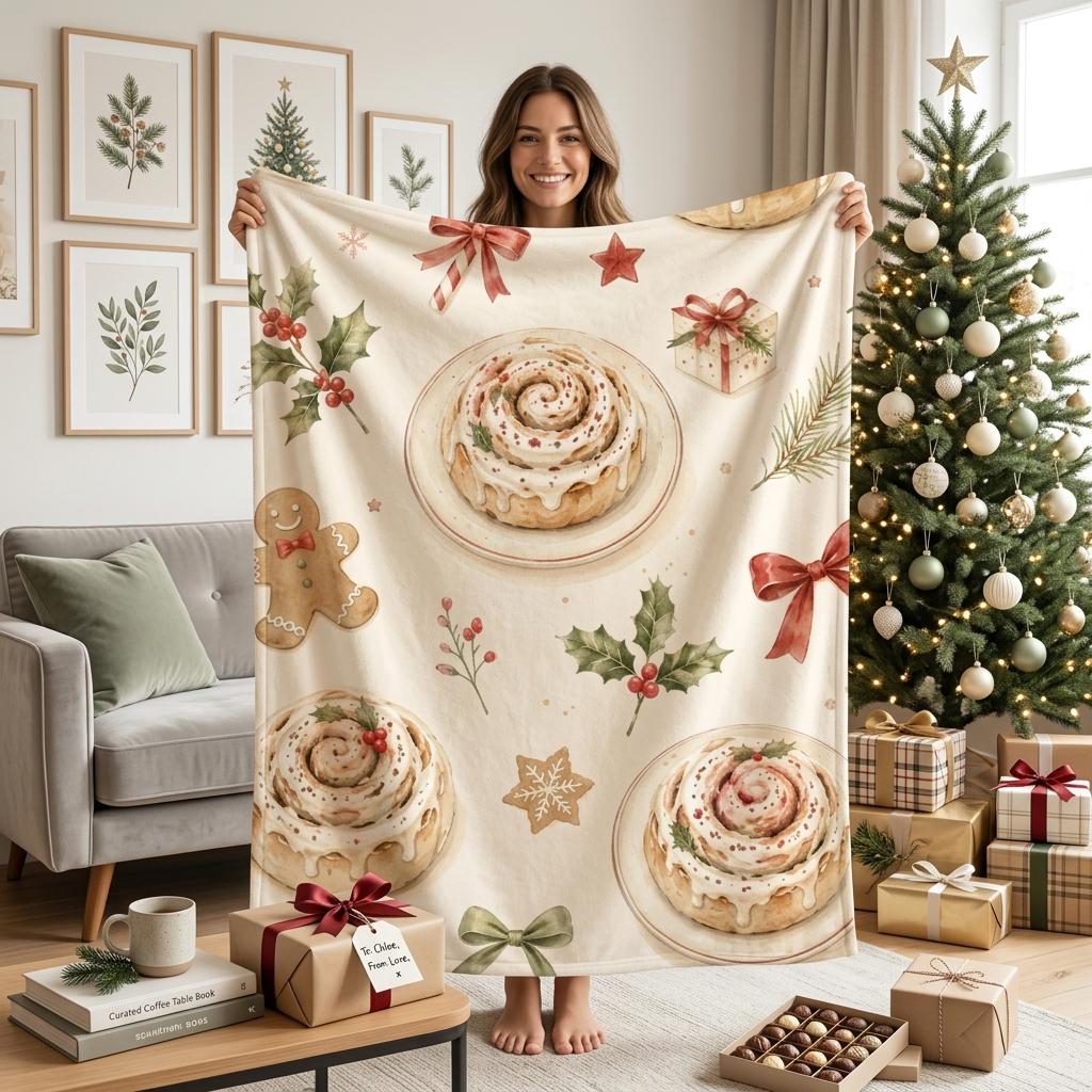 Christmas Baking Lover Blanket, Cinnamon Roll Holiday Throw, Gingerbread Flannel, Cozy Winter Decor, Gift for Her Family