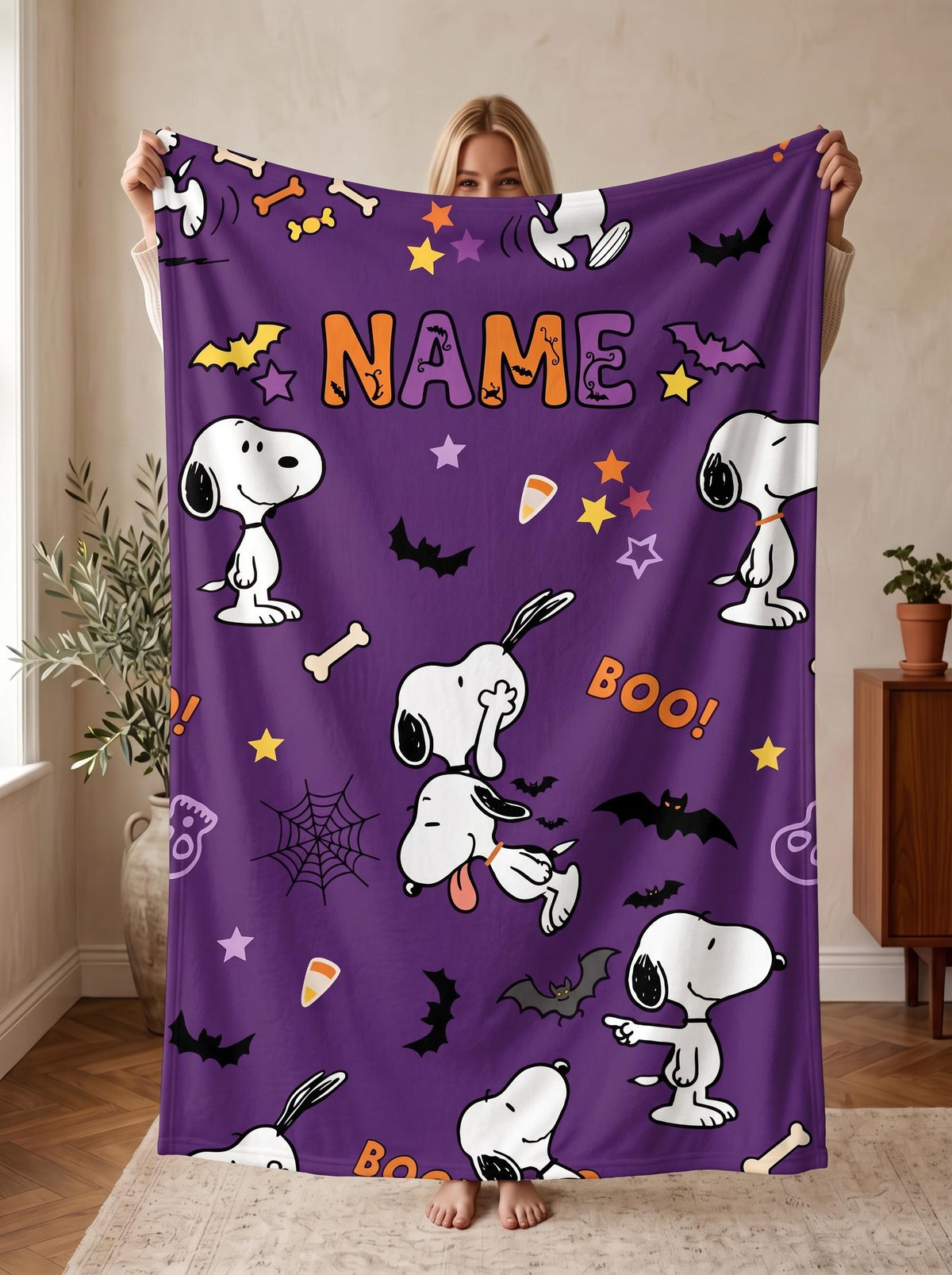 Personalized Halloween Ghost Hound Flannel Blanket, Custom Spooky Boo Comic Throw, Jack-O-Lantern Bedding, October Gift for Kids & Besties
