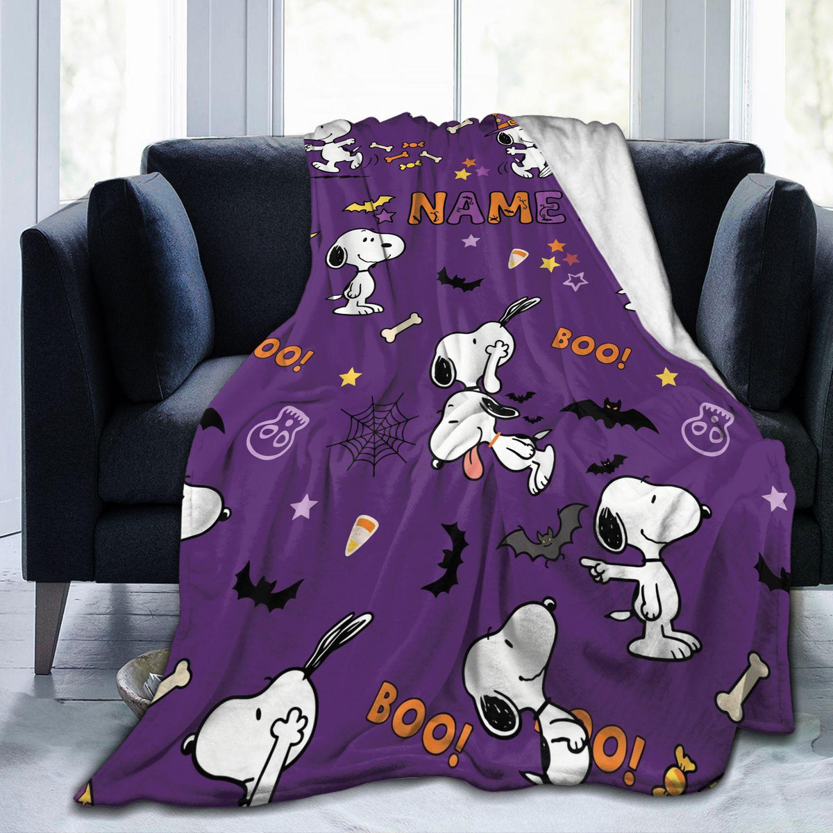 Personalized Halloween Ghost Hound Flannel Blanket, Custom Spooky Boo Comic Throw, Jack-O-Lantern Bedding, October Gift for Kids & Besties
