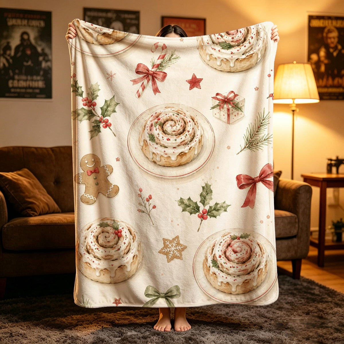 Christmas Baking Lover Blanket, Cinnamon Roll Holiday Throw, Gingerbread Flannel, Cozy Winter Decor, Gift for Her Family