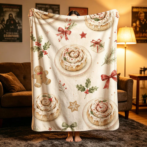 Christmas Baking Lover Blanket, Cinnamon Roll Holiday Throw, Gingerbread Flannel, Cozy Winter Decor, Gift for Her Family