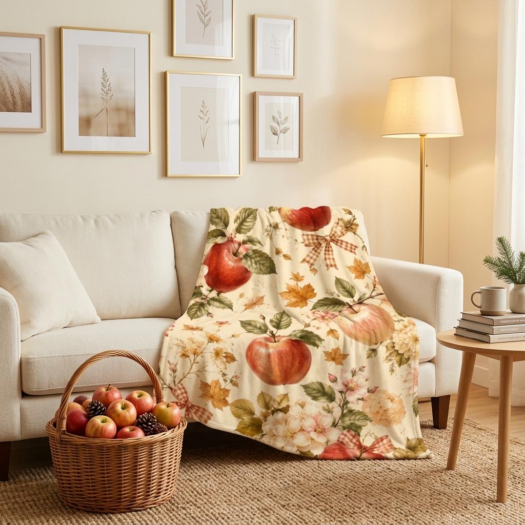 Cottagecore Lover Apple Blanket, Vintage Floral Throw, French Country Flannel, Autumn Fruit Decor, Gift for Her Home