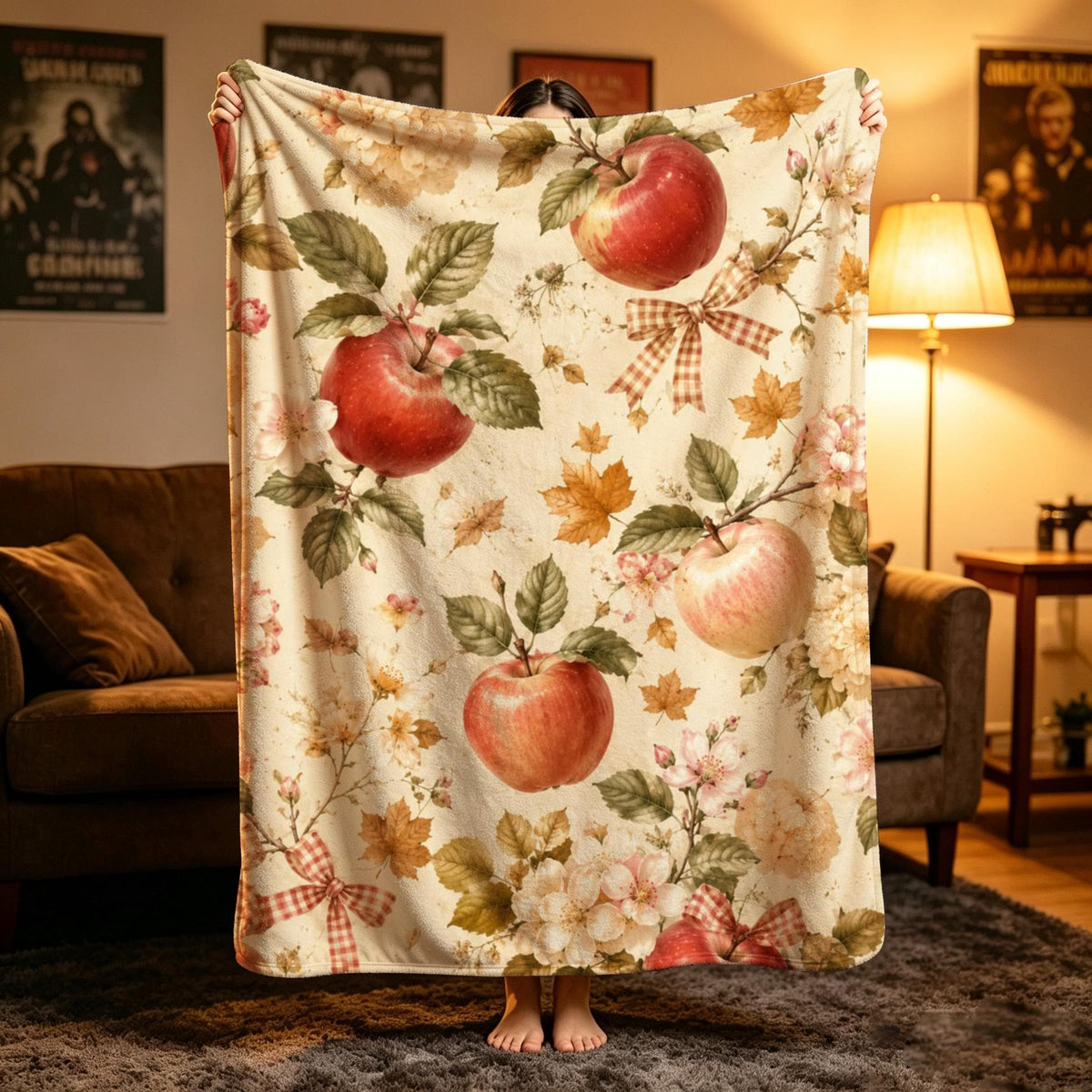 Cottagecore Lover Apple Blanket, Vintage Floral Throw, French Country Flannel, Autumn Fruit Decor, Gift for Her Home