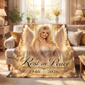 Personalized Dolly Parton Memorial Blanket, Angel Wings Country Music Fan Gift, Rest In Peace Tribute Throw, Heavenly In Loving Memory Gift