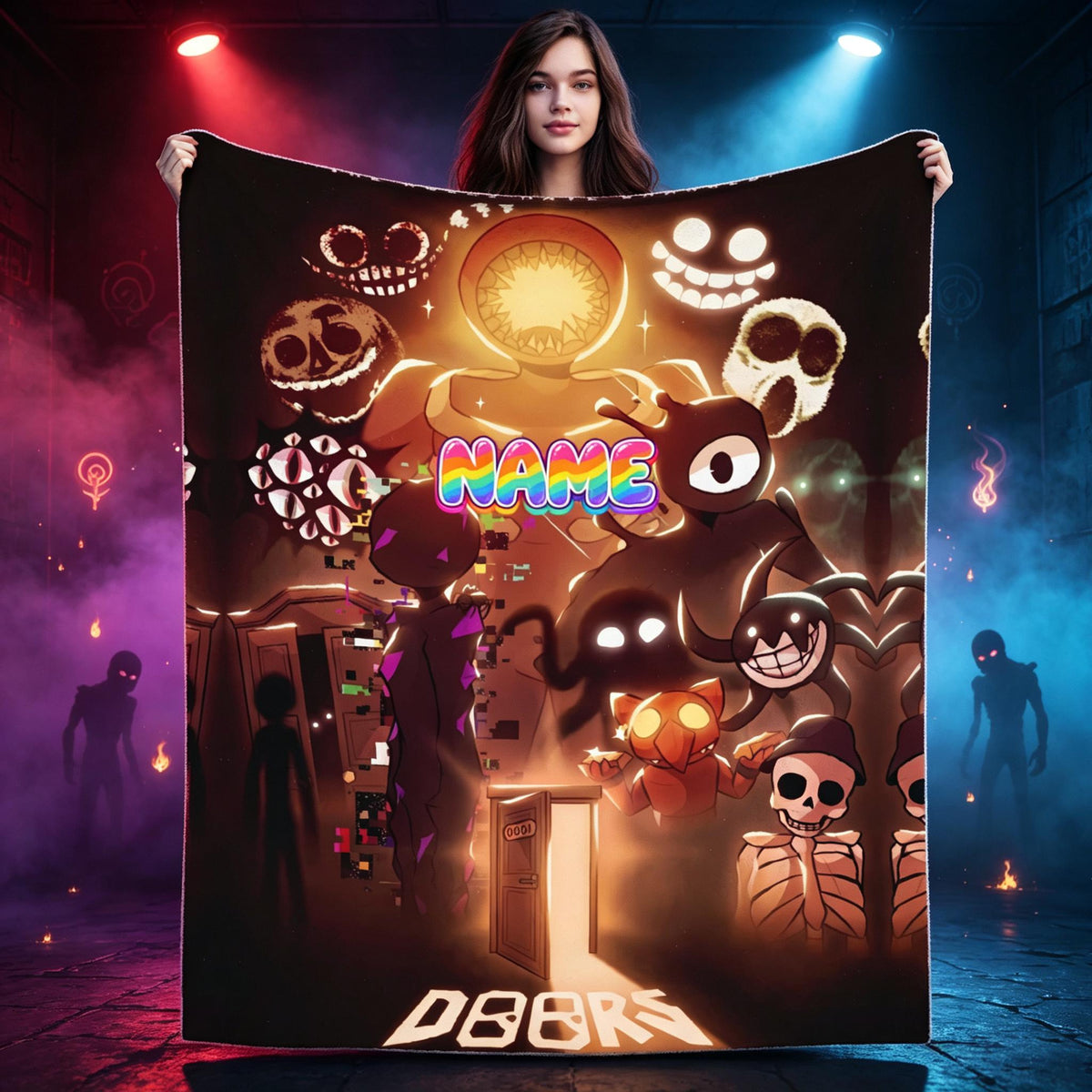 Personalized Horror Game Blanket, Custom Name Flannel Throw, Dark Monster Cartoon Blanket, Spooky Gamer Gift for Kids and Teens