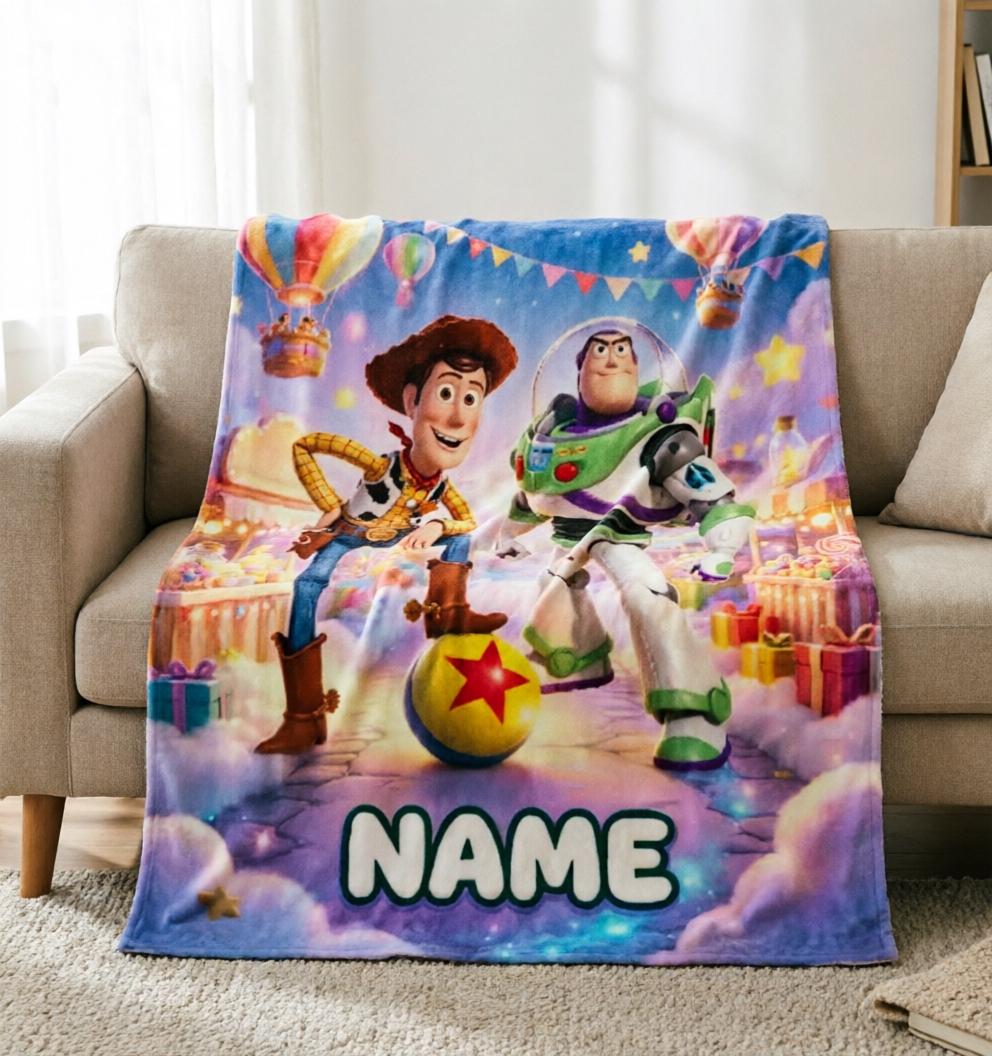 Custom Hot Air Balloon Carnival Woody Buzz Blanket Soft Throw, Personalized Kids Birthday Gift