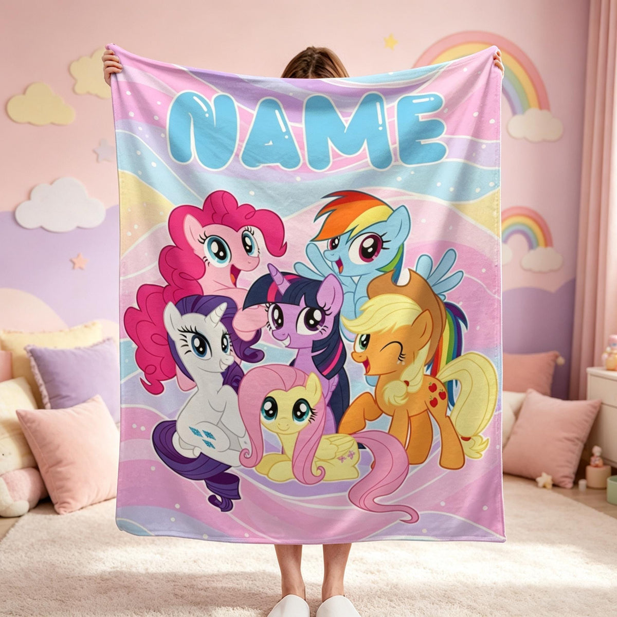 Personalized Pony Blanket, Custom Girl Blanket, Rainbow Kids Throw, Cute Birthday Gift