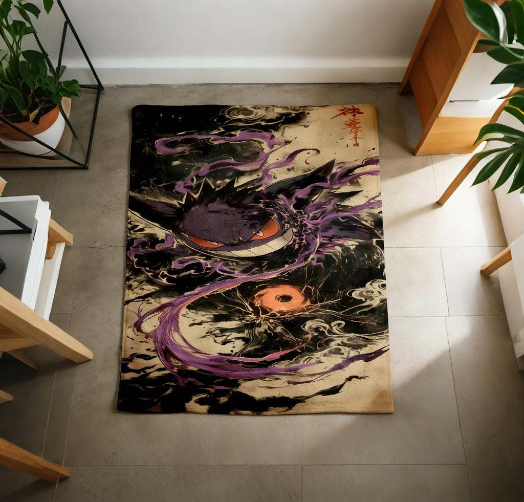 Vintage Gengar Sumi‑e Art Blanket Soft Throw, Dark Purple Ghost Pokemon Throw, Birthday Gift For Pokemon Lover