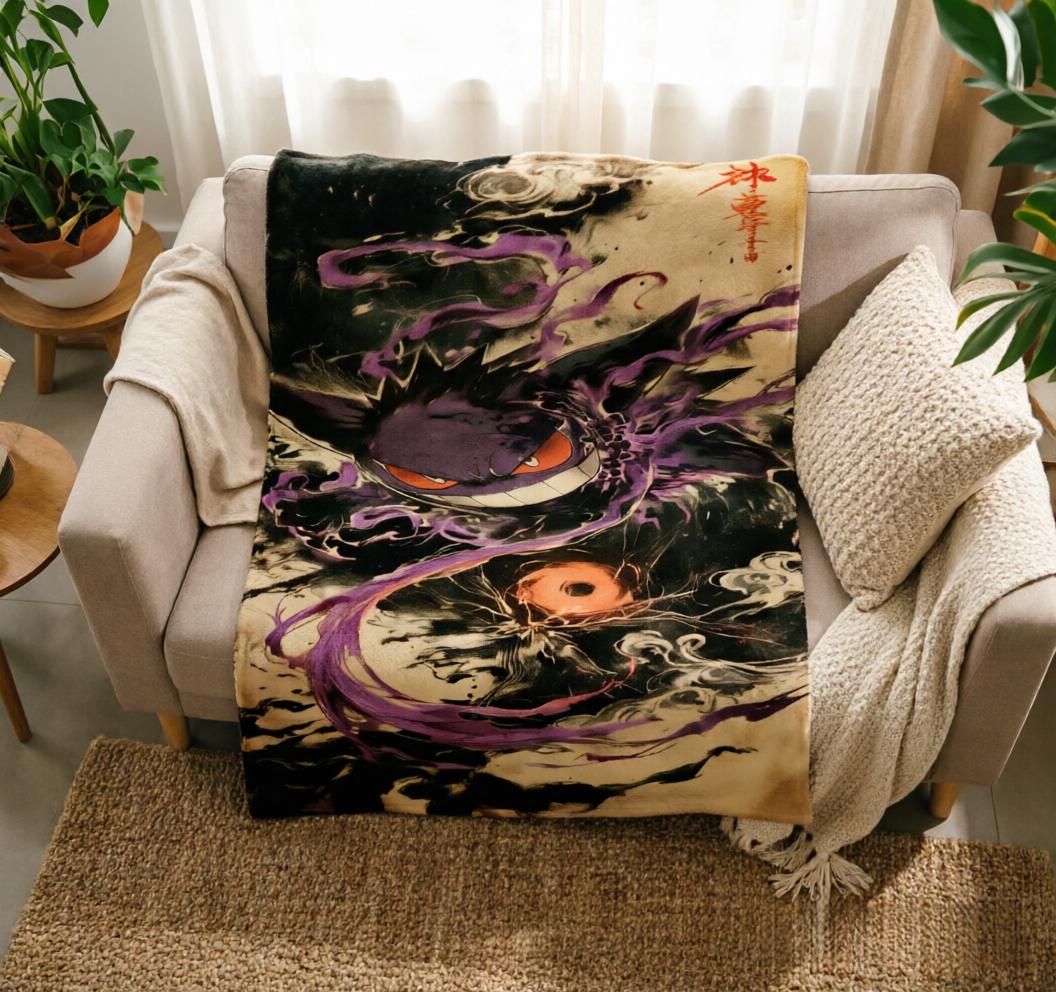 Vintage Gengar Sumi‑e Art Blanket Soft Throw, Dark Purple Ghost Pokemon Throw, Birthday Gift For Pokemon Lover