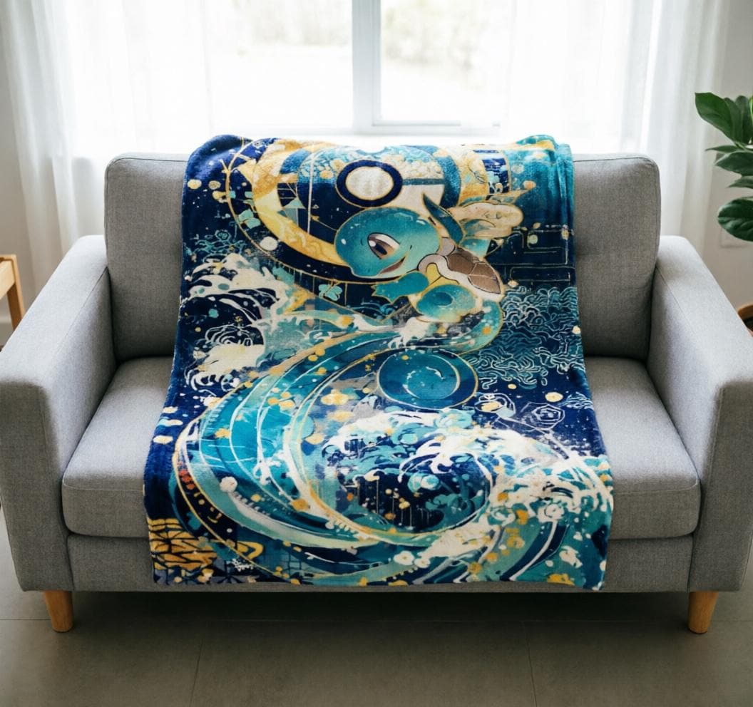 Squirtle Ukiyo‑e Blanket Soft Throw, Japanese Wave Art Pokemon Throw, Gift For Anime Fan