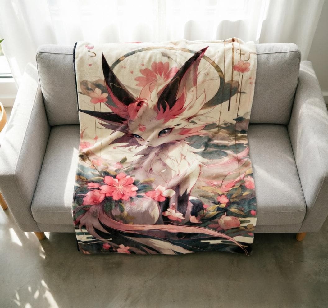 Sylveon Ukiyo Art Throw, Japanese Cherry Blossom Anime Blanket (Soft Flannel)